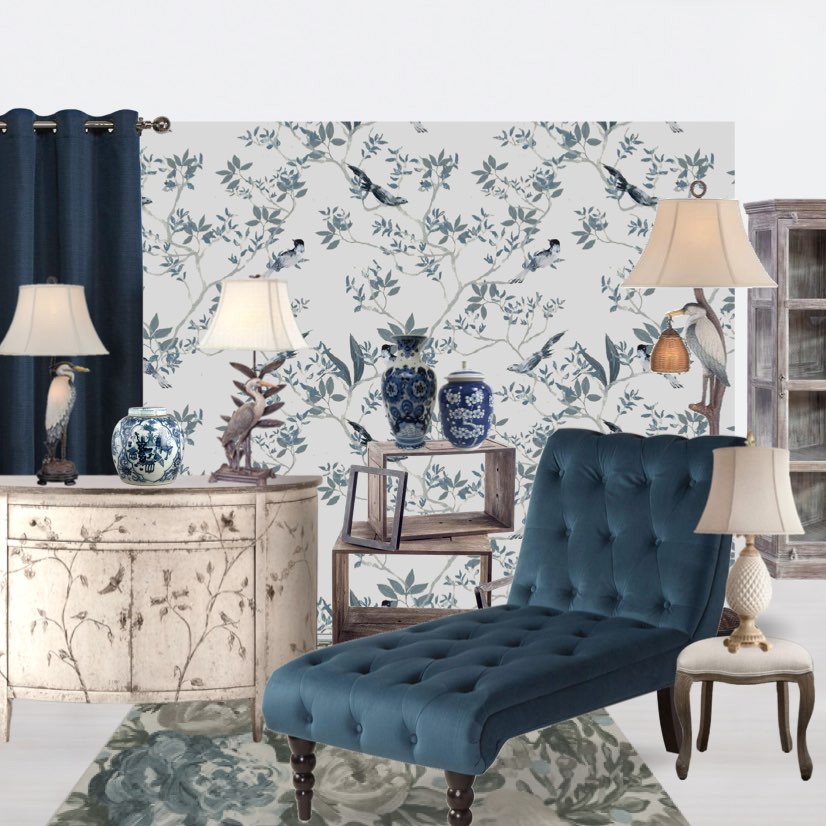 Chinoiserie wallpapers paint by me 🥰#weekendchallenge #challenge #sunday #workingspace #gray #bluepalmettodesign #blues #blueschallenge #blueroom #bluelivingroom #beige #chinoiserie 
