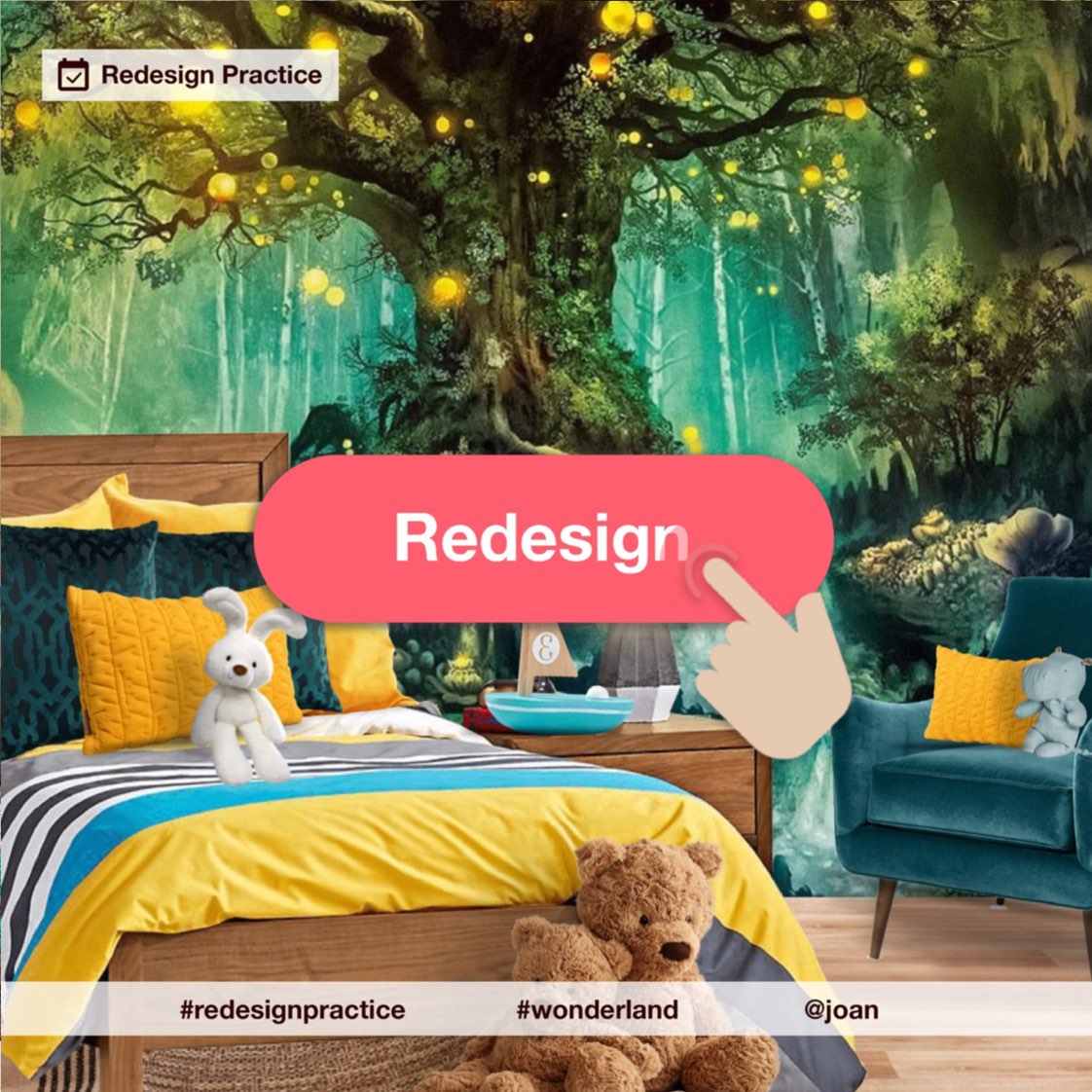 @joan created an amazing bedroom with a wonderland feature wall. This beautiful wall adds depth and dimension to the room. Now, redesign their work and create your ‘wonderland’.
Note: don’t forget to include the hashtag #redesignpractice so that you won’t miss the chance of being featured!
#redesignpractice #wonderland @joan 