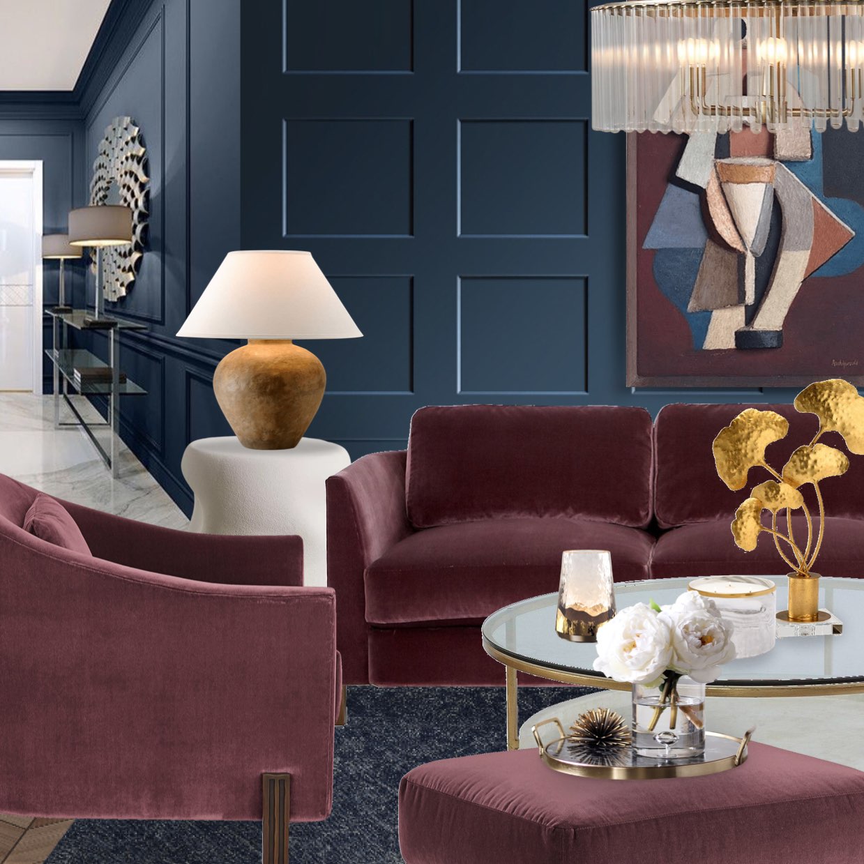 Contemporary navy accent wall living room #classic #challenge #lightup #living #navy #accentwall #burgundy #livingroom #contemporary #texture #glamour #virtualstaging #decormattersdesign 