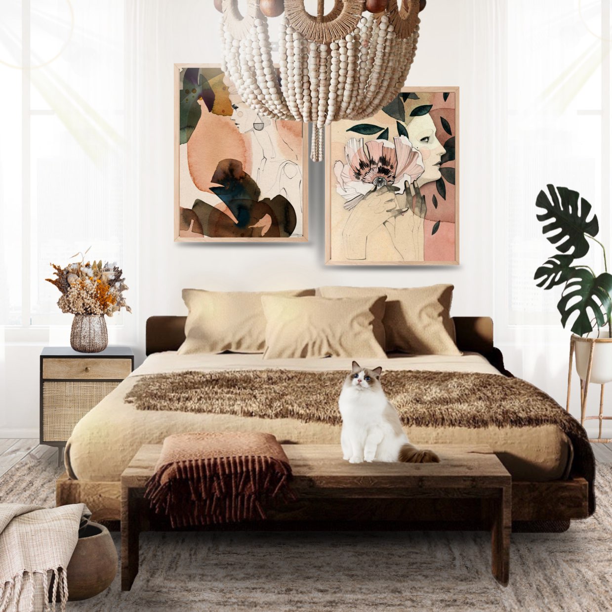 Classic Warm Boho bedroom #series #challenge #bohochic #boho #bedroom #warm #classic #tan #beige #brown #sunshine #sunshinewarmth #virtualstaging #natural #texture #decormattersdesign 